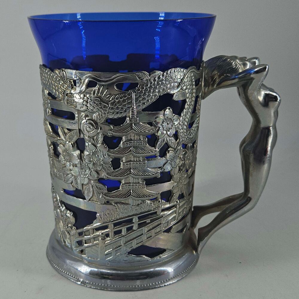 Vintage Japanese Silver Plated Stein Tankard Cobalt Glass Inserts nude woman